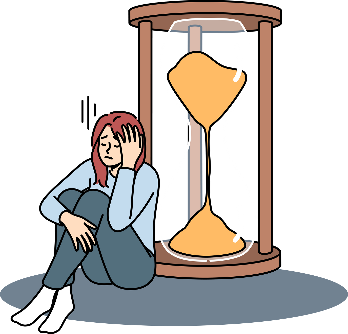Woman Is Sad about Strict Deadlines Sitting near Large Hourglass, and Needs Skills Improve Productivity. Concept Lack of Productivity Causes Stress in Girl Due to Inability Complete Work on Time